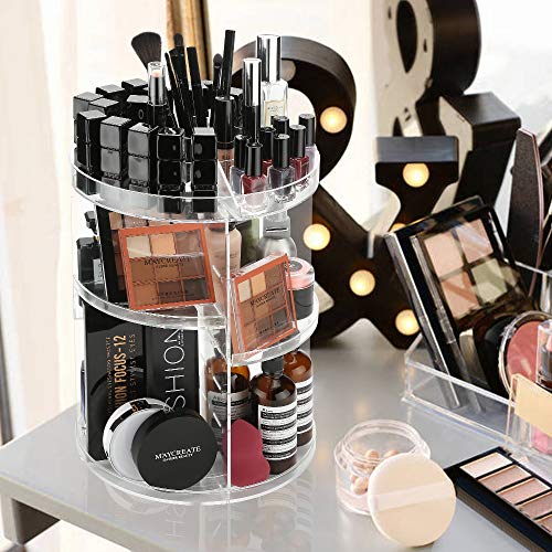 LINFIDITE 360 Rotating Makeup Organizer Cosmetic Storage Spining Makeup Holder Box Display Stand Adjustable Tray for Vanity Bathroom Bedroom Closet Large Acrylic Clear