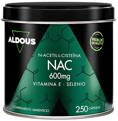 NAC N-Acetil-Cisteina 600mg + Vitamina E y Selenio - 250 Cápsulas - 1 al Día - Antioxidante y Glutation - Detox y Salud Respiratoria - Para +8 meses - Alta Concentración - Vegano - Aldous