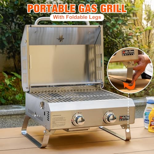 onlyfire Tischgasgrill 2 Edelstahlbrennern, Tischgrill mit Deckel, Grillrost, Thermometer, Kleiner Gasgrill für Balkon Camping Garten, 4.7 kW, Grillfläche 46x35cm, BBQ Tragbarer Tisch Gasgrill
