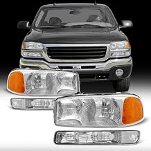 for 99-06 Sierra Headlights Assembly with 2000-2006 GMC Yukon / 1999-2006 GMC Sierra 1500/2500/3500 Clear Lens Chrome Housing with Amber Reflector Headlamp Left and RightW/O Bulbs