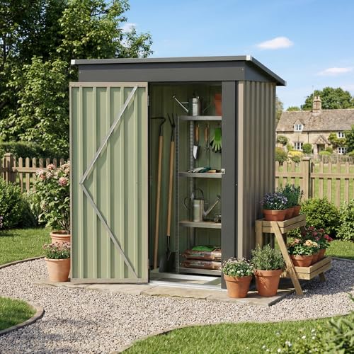Image of Devoko 5 x 3 FT Storage Sheds with Floor Frame, Waterproof Garden Tool Shed with Lockable Door, Outdoor Metal Small Shed for Backyard Patio Lawn, Brown