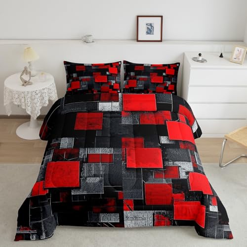 Image of Feelyou Red Black Comforter for Kids Toddler Size Geometric Grid Comforter Set Boys Girls Geometrics Comforter Abstract Art Duvet Insert Bed Set 2Pcs