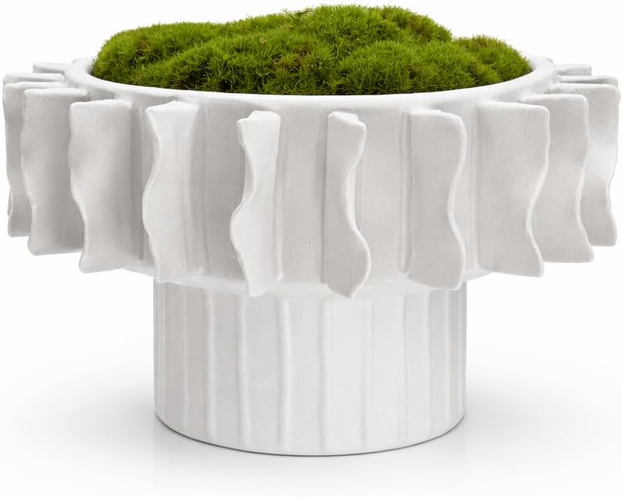 Ribbed Pedestal Moss Bowl | 9 Inch Textured White | Artificial Moss Centerpiece | Modern Decorative Bowl