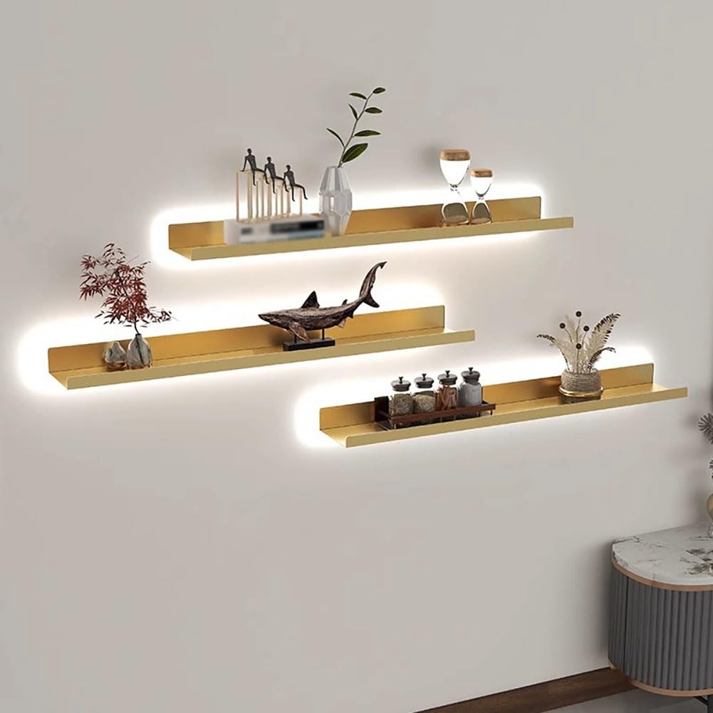 Étagère flottante dorée LED : fini les murs vides grâce au support mural métal 120cm