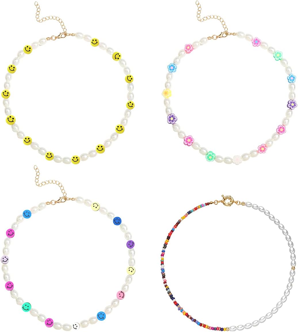 AITUNAN4Pcs Smiley Face Flower Pearl Necklace Set Y2k Colorful Resin Polymer Clay Beads Handmade Cute Choker Necklace for Women Girls