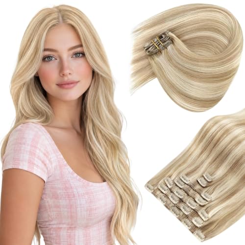 Image of Sunny Hair Clip in Hair Extensions Real Human Hair Blonde | 18 Inch Remy Clip in Hair Extensions Blonde Highlights, Soft Waves Hair and Easy to Style for Wedding Guest Hair 120g