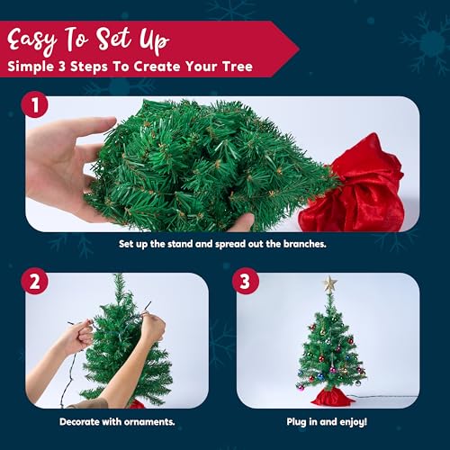 Joiedomi 24"/2FT Mini Christmas Tree Tabletop Set with Clear LED Lights, Artificial Mini Christmas Tree with Star Treetop and Hanging Ornaments, Best DIY Xmas Decorations (Storage Bag Included)