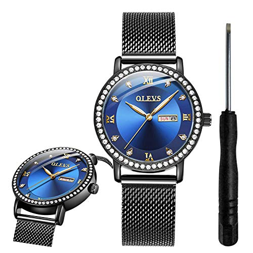 OLEVS Blue Diamond Classic Watches for Women Waterproof Inexpensive Analog Calendar Wrist Watches for Women Ladies Student Gifts Watch
