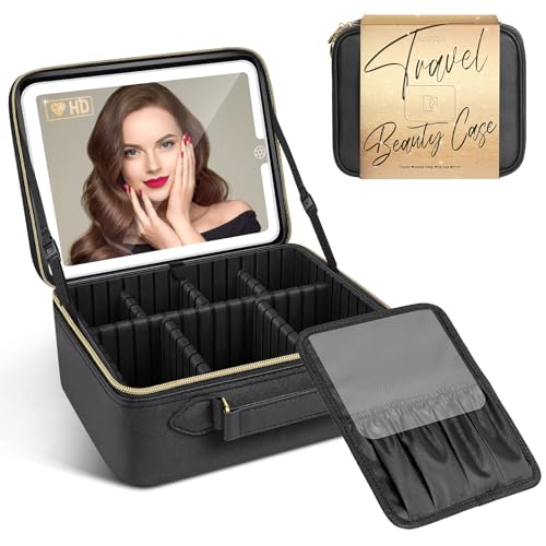 JUSRON Travel Makeup Bag With LED Mirror,Train Case with Light up Mirror, Portable Makeup Artist...