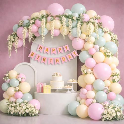 Image of Party Propz Soft Pastel Wisteria Birthday Decoration Kit For Girls -37 Pcs, Happy Birthday Banner, Wisteria Drapes, Pastel Balloons & Arch Roll,Balloon Decoration Kit for Girls (Latex,Cardstock)
