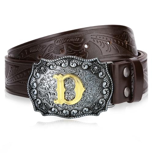 Image of Mens Western Cowboy Cowgirl Faux Leather Belt Longhorn Bull Pattern Letter Big Buckle Embossed Floral Belts