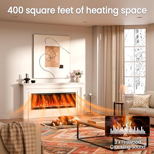 Image of 60 inch Smart Electric Fireplace with Voice Control, Realistic Flame, Crackling Sound, Wall Mounted or Recessed Fireplace Insert, App /Remote Control, Logs & Crystals Included for Living Room, Bedroom