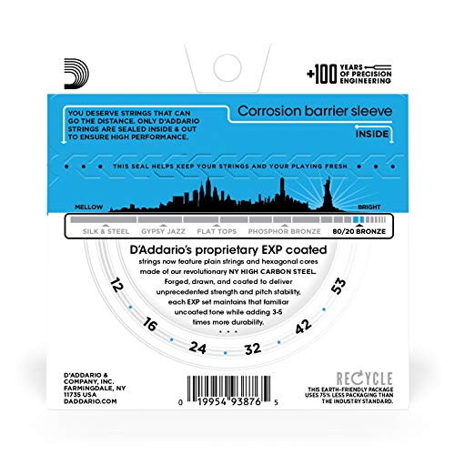 D'Addario EXP11 EXP Coated 80/20 Bronze Light (.012-.053) Acoustic Guitar Strings