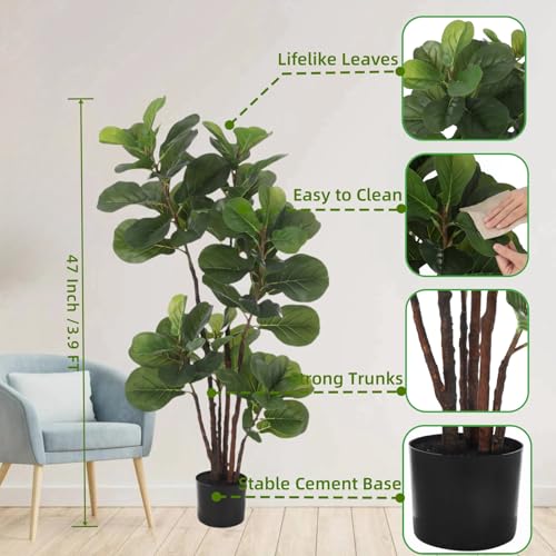 GarveeHome Faux Fiddle Leaf Fig Tree, 47 Inch Potted Fake Ficus Lyrata Plant with 72 Decorative Fiddle Leaves, Artificial Trees for Home Indoor Outdoor Living Room Office Porch Decor