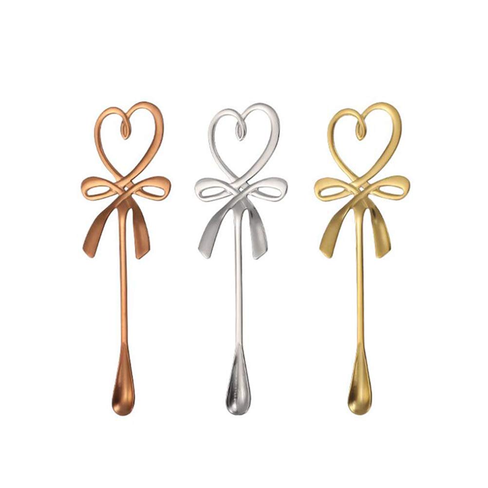 3 PCS Mini Coffee Stirring Spoons Creative Stainless Steel Love Heart Shape Bowknot Hanging Specialty Spoon For Ice Tea Coffee Cocktail Espresso Ice Cream