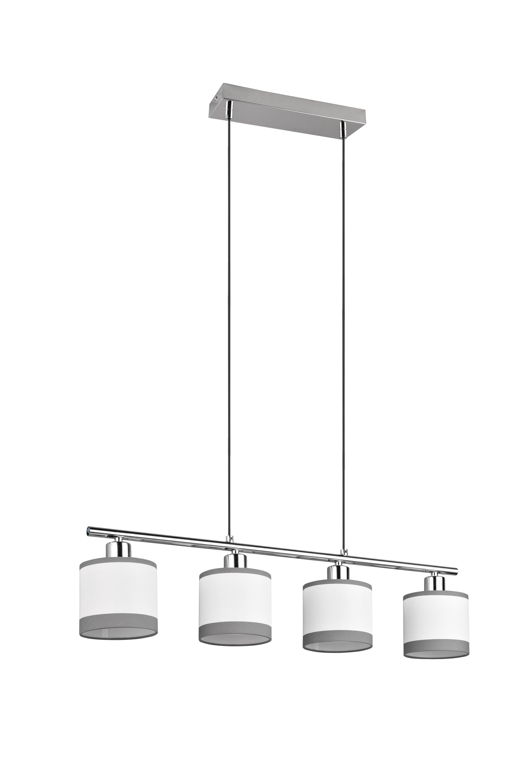 Modern Pendellampe Davis 4-flammig, Höhe anpassbar, Stoffschirm in Weiß, exkl. 4 x E14 max. 10W, Ø 12 cm, Höhe 150 cm, Metall, chrom