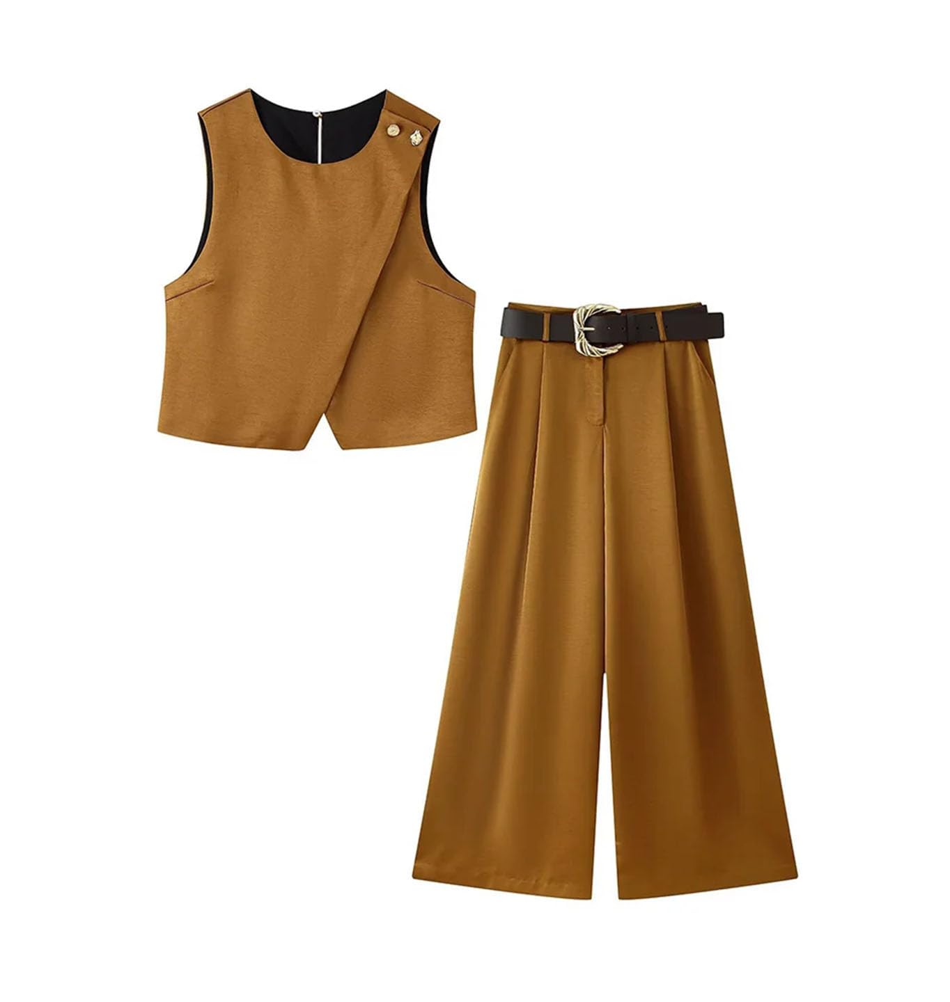 Women 2 Pieces Belt Pants Sets Short Vest Trousers Set Suit Casual Two Piece Outfits