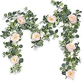 Miracliy Eucalyptus Garland with Flowers, 6ft Fake Pink Rose Vine Silk Floral Eucalyptus Leaves...