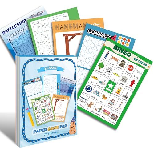 GRANDLMOON 5 Portable Travel Game Activities Pad On The Go Plane Trip Pen Pencil and Paper Game for Kids 6 x 9-inches (75 Sheets) Version 2
