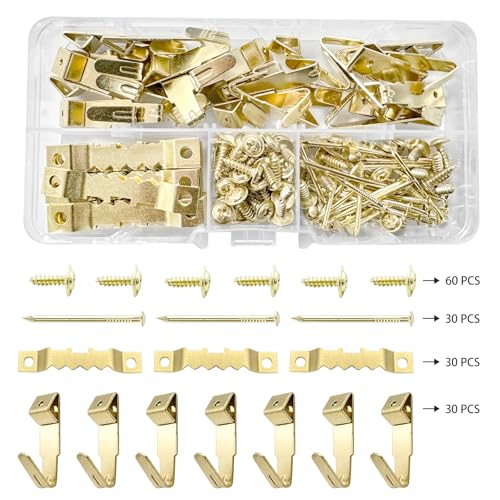 Image of 150 pcs Picture Hanging Kit - 30 Pcs Sawtooth Frames, 30 Hooks, 60 Screws, 30 Nails for Hanging Photos, Artwork