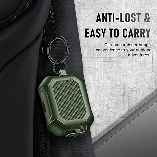 Image of Printme for AirPods Pro 2nd Generation Case 2022, Carbon Fiber Secure Lock Clip Full Body Shockproof Hard Shell Protective Case Cover with Keychain for Apple AirPod Pro 2 (Green)