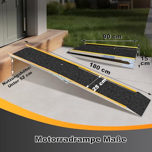 LIEKUMM 1 x 180 cm Auffahrrampe, 300 kg Tragkraft Aluminium Motorrad Rampe Klappbar, rutschfest Auffahrrampe für Anhänger, ATV, Motorrad, Fahrrad, PKW, Auto Laderampe