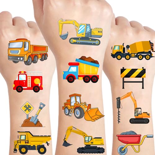 10 Sheets Construction Trucks Temporary Tattoo for Kids 120 Pcs Vehicles Fake Tattoos for Boys Party Favors Cars Birthday Supplies Decorations