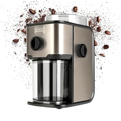BLACK+DECKER - Moulin à Café Électrique BXCG151E | Réservoir 200g | 14 Niveaux de Mouture | Capacité 12 Tasses | Acier Inox Antitraces | Café Frais et Aromatique | Couvercle Transparent
