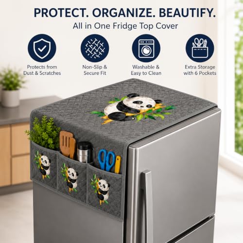 Image of Refrigerator Top Cover for Single Door & Double Door 165-225 Litre | Washable, Anti-Slip Protective Velvet Fabric Fridge Top Cover with 6 Storage Pockets, Extra Storage Space 101 x 55 cm