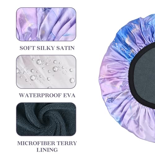 Purple Marble Print Satin Shower Cap, Three-Layer Terry Cloth Lined, with Silk Hair Ties, Microfiber Waterproof Reusable Large Size Shower Cap for Women Long Thick Hair - Image 4