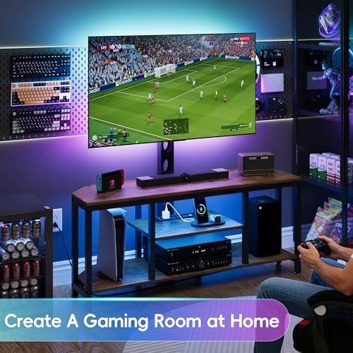 Image of Corner TV Stand Entertainment Center with Mount for Living Room, 32-65 inch TV | TV Console with Led Lights & Power Outlet, Height Adjustable Swivel TV Cabinet with Open Storage Shelf for Bedroom, Brown