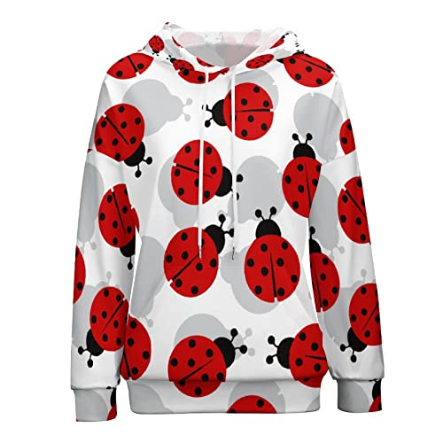 Amrandom Women Thin Sweater Hoodie (Ladybugs Cartoon Cute Print) Casual Girls Pullover Tops Long Sleeve Sweat Shirts Essential Hoodie Fall Jacket #TOP1