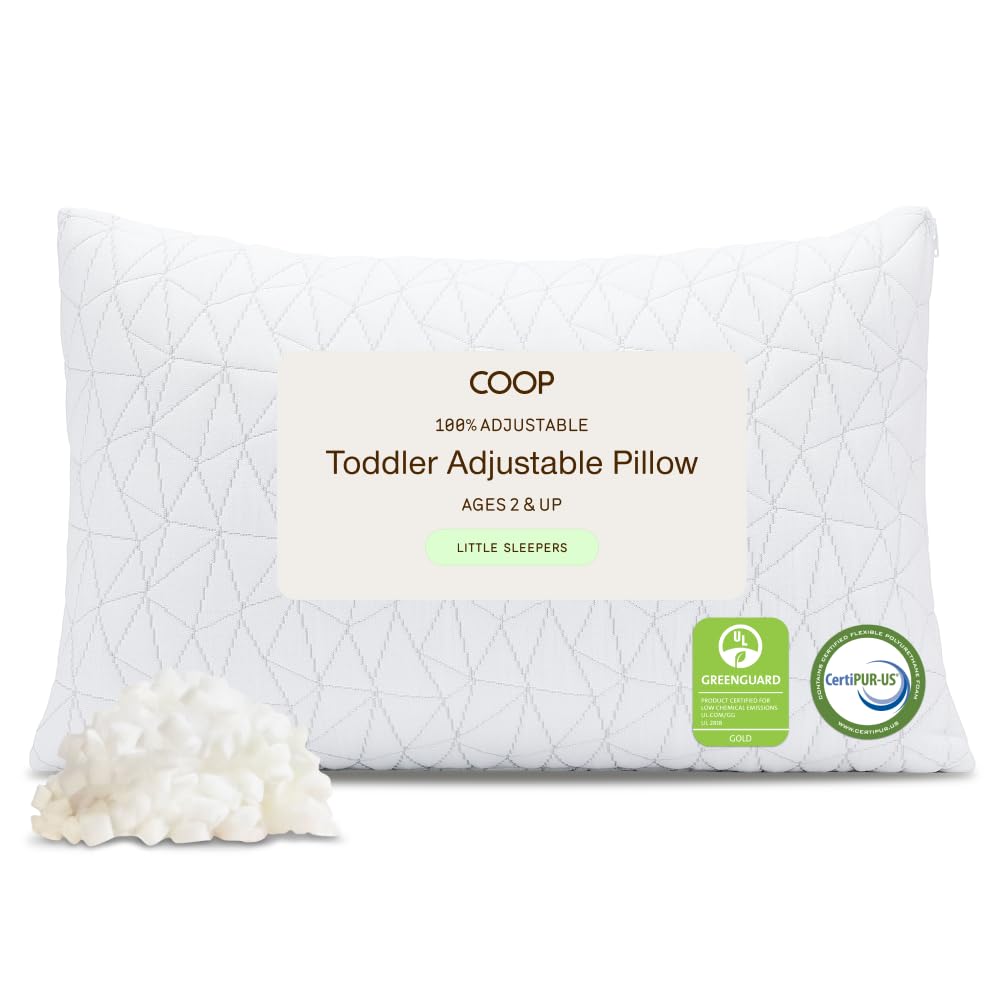 Coop Home Goods Original Toddler Adjustable Pillow, Soft, Breathable, 19" x 13" Washable Mini Bed Pillow for Kids with Premium Memory Foam and Zippered Cover, CertiPUR-US/GREENGUARD Gold