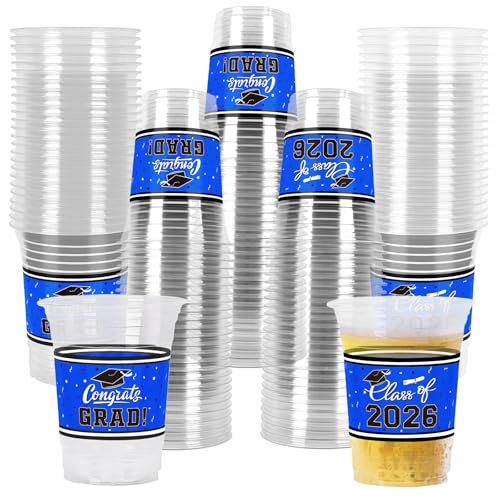 Gatherfun Graduation Decorations 2026-100 Pcs 16oz Blue Graduation Plastic Cups for Grad Party | Sturdy & Durable Drinkware for Grad Festivities | Essential Grad Party Supplies & Decorations