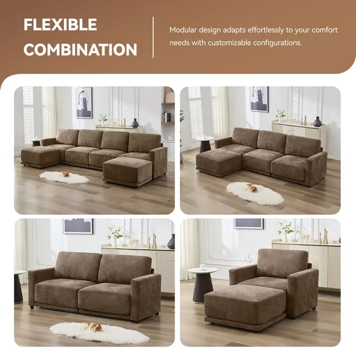 Image of 77.4 inch Chenille Modular Loveseat Oversized Upholstered 2 Seater Sectional Sofa with Thickened Cushions, Easy Assembly, Modern Comfy Love Seat Couch for Living Room, Brown
