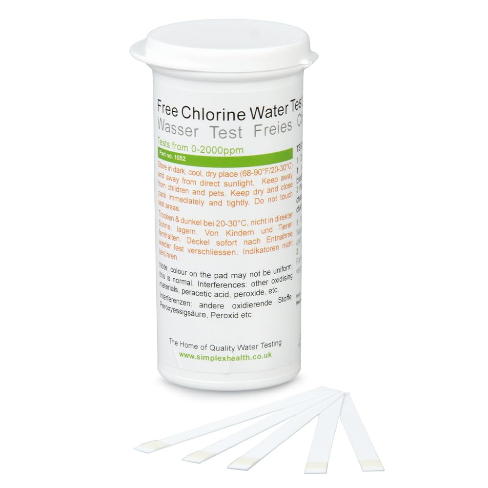 Free Chlorine Water Test 0-2000ppm (100 Strips), High Range