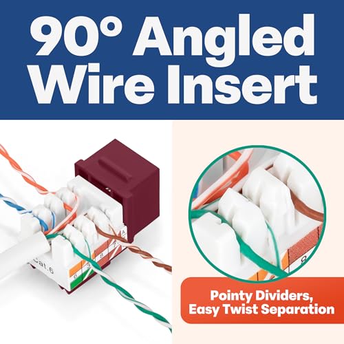 Image of Everest 90 Degree RJ45 cat6 Keystone Jacks Slim Profile 100-Pack Red | Compatible with 90 Angled Speed Termination Tool - easyJACK (B094WB91H3)