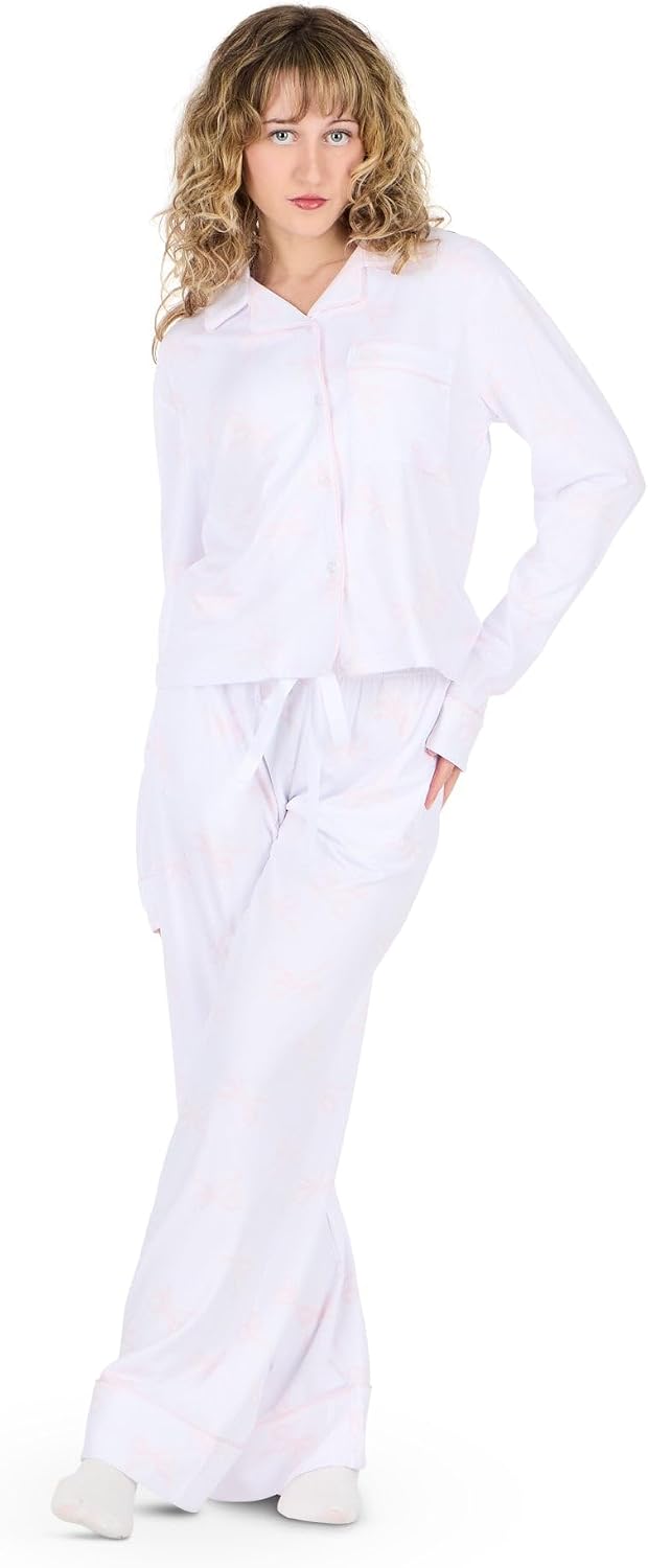 Forever 21 Women's Pj Set - Button Down Shirt and Drawstring Pants With Piping and Aop