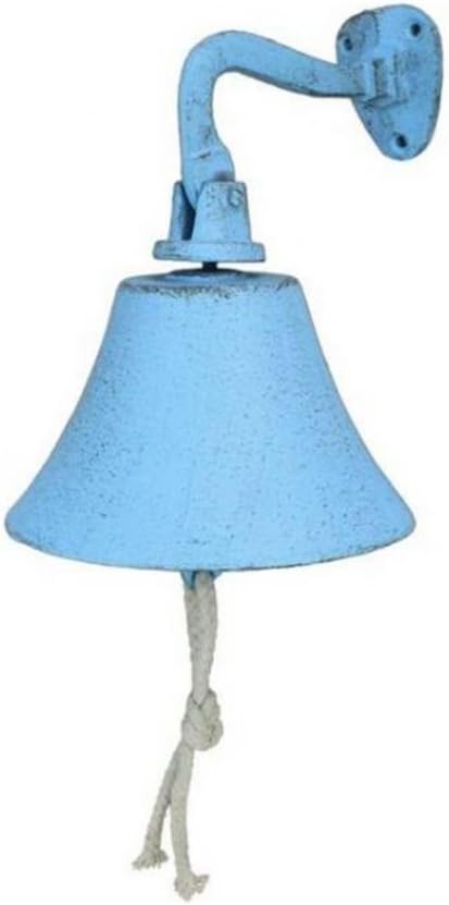 Hampton Nautical Rustic Hanging Ship's Bell 6" Decoration-Antique Vintage Cast Iron, Solid Light Blue