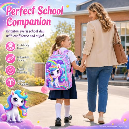 Image of HPJGD 3PCS Unicorn Backpack for Girls, Water Resistant Kids Bookbag Set with Lunch Box, Cute School Bag for Preschool Toddler