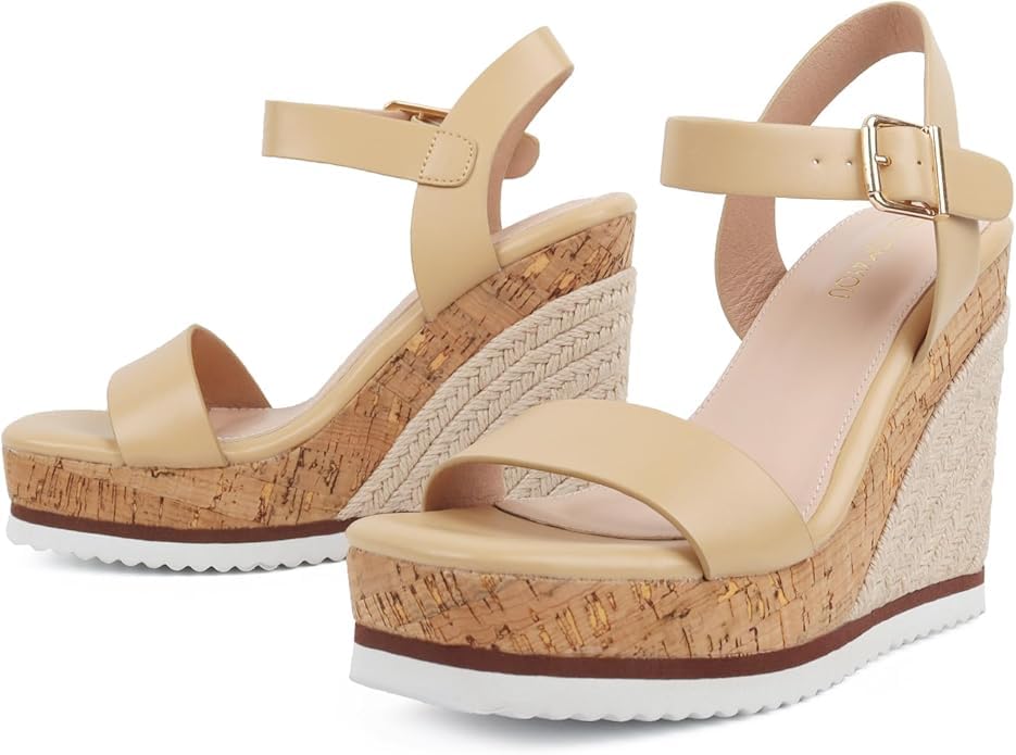 Image of Wedge Sandals for Women Espadrilles, Women's Wedges Sandals Square Toe Adjustable Ankle Strap Buckle Comfortable High Heel Beach Shoes with Cushioned Footbed for Casual Summer