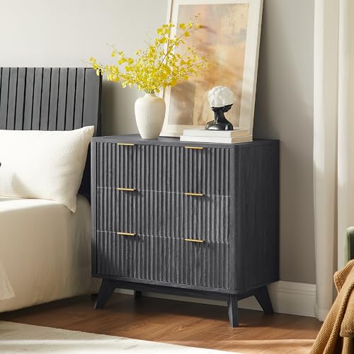 Image of T4TREAM Fluted 3 Drawer Dresser, 32 inch Tall Modern Chest of Drawers, Curved Profile Design, Wood Drawer Organizer for Bedroom, Living Room, Hallway, Entryway, Dark Alder