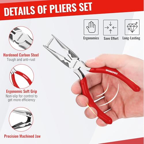Image of WORKPRO Pliers Set, 3-Piece Plier Tool Set with Soft Handle, 6 inch Needle Nose, 6 inch Slip Joint, 8 inch Groove Joint Plier for DIY & Home Use