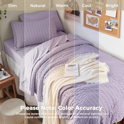 Image of HYMOKEGE Lavender Twin Comforter Set Seersucker 5 Pieces, All Season Luxury Bed in a Bag for Bedroom, Bedding Set with Comforters, Sheets, Pillowcase & Shams
