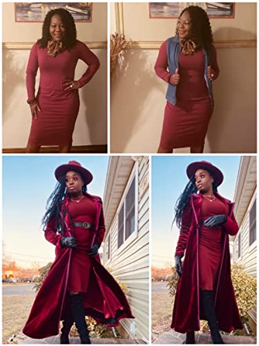 Missufe Long Sleeve Ruched Casual Sundress Women's Knee Legnth Bodycon Sheath Dress (Burgundy, Medium) #TOP3