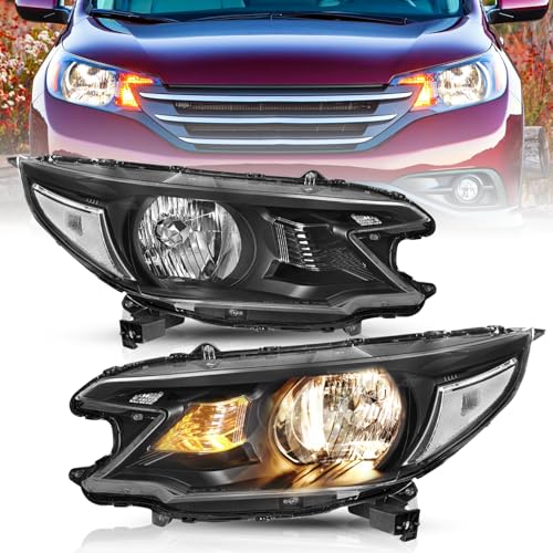 TUSDAR Headlight Assembly Fit 2012 2013 2014 Honda CR-V Halogen Headlamp Black Housing with Clear Reflector (L+R)