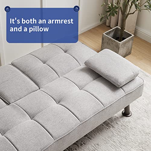 Zckycine Sofa Futon Sofa Bed Sleeper Sofa Mid-Century Modern Sofa Foldable Sofa Removable Armrests Metal Legs 2 Cup Holders Small Sofa And Sofa For Small Spaces Grey #TOP5