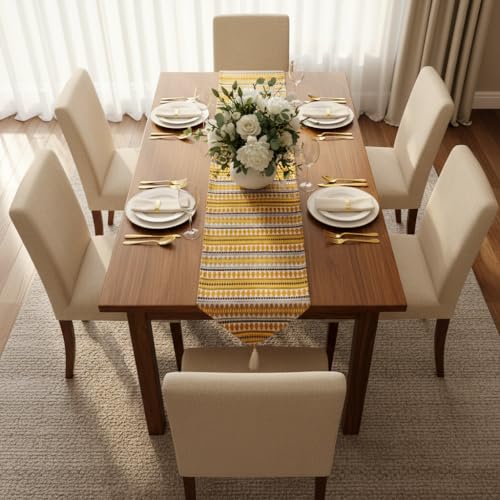 Image of STITCHNEST Woven Table Runner 13x60 Inches | Mustard Yellow Geometric Design | Tassel Finish | Modern Dining Table Decor