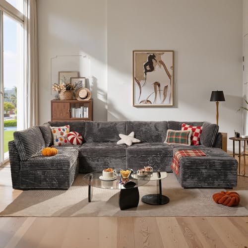 Image of ovios Modular Sectional Sofa Couch with Sofa Bed L-Shape Chaise, Comfy Plush Corduroy Cloud Couches, Modern Luxury Deep Seat Sofas Set for Living Room, 6-Seater, Grey