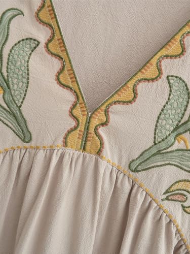 Womens Oversized Floral Embroidered Long Dress with V-Neck and 3/4 Sleeves Vintage Embroidery Babydoll Dress3